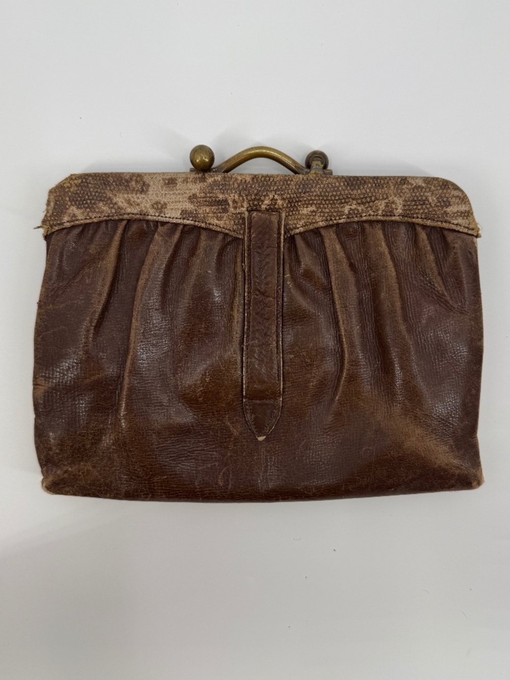 Antique 1920s Brown Leather Kisslock Frame Clutch Purse Brass Clasp Snakeskin